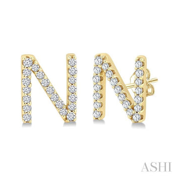 1/8 Ctw Initial 'N' Round Cut Diamond Earrings in 10K Yellow Gold